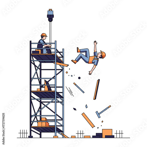 Construction Worker Falling from Scaffolding Illustration with Safety Hazard.