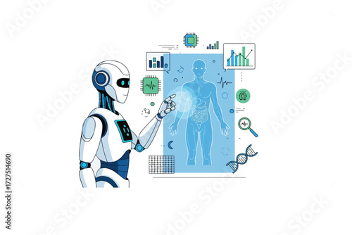 A futuristic robot interacts with a holographic representation of a human body, highlighting medical data and technology.