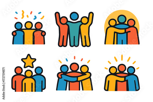 Festive Celebration Icons. Festive Group Huddle icons in modern flat : group with confetti, celebratory arms raised, glowing circle of friends,