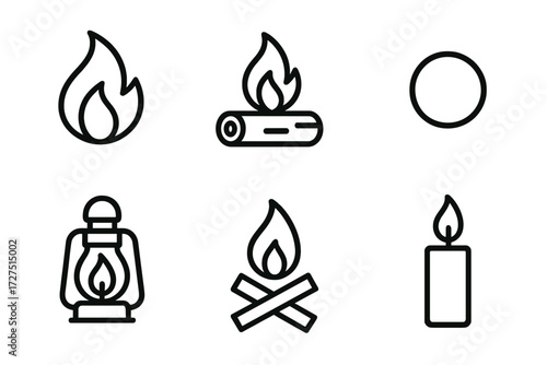 Minimal Fire Icons. Minimal Warm Fire icons in outline style: simple flame icon, single log fire, abstract ember dot, clean lantern flame, campfire,