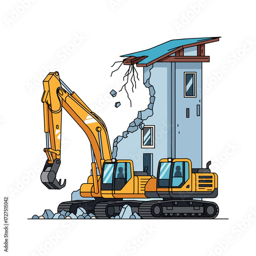 Yellow excavators demolishing a light blue building heavy machinery at work construction site illustration.