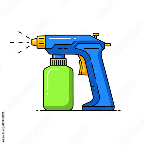 Vector Illustration of a Blue and Green Spray Bottle with Yellow Accents.