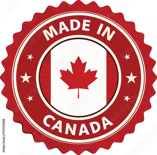 Red Made in Canada Seal with Maple Leaf stamp emblem