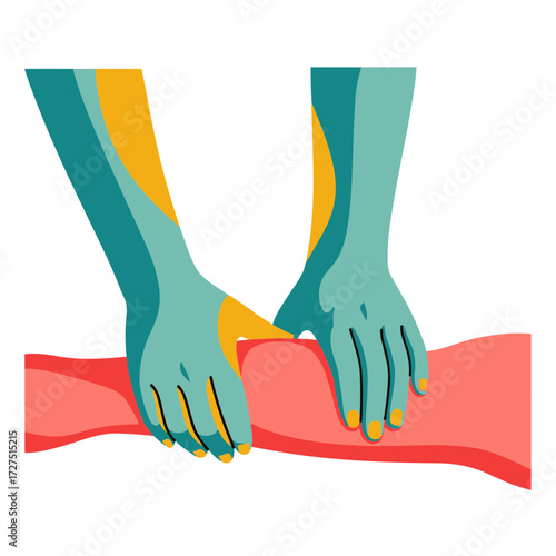 Vibrant flat illustration of two hands massaging a leg featuring teal yellow and red colors.