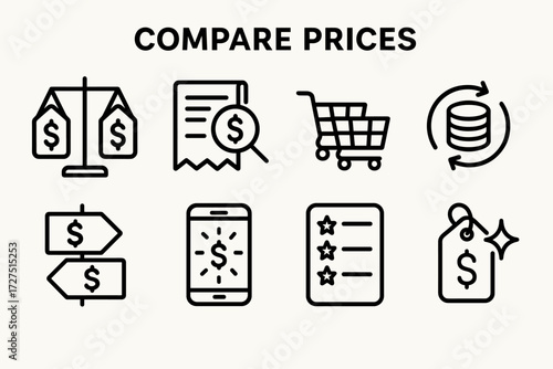 Compare Prices Icons. Compare Prices icons in outline style: scale balancing two tags, magnifier on receipt, shopping cart pair, stacked coins with