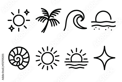 Tropical Icon Collection. Tropical Sun icons in outline style: glowing sun, palm leaves, ocean wave crest, sandy shore, seashell swirl, radiant rays,