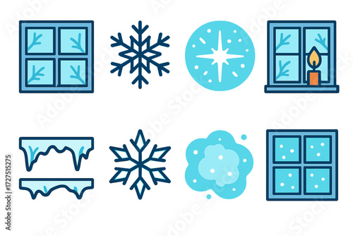 Winter elements flat icon set. featuring window, snowflake, candle, icicles, snow, and frost symbols