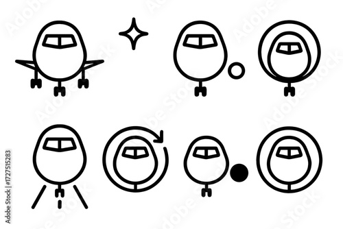 Aircraft Nose Icons. Aircraft Nose icons in outline style: airplane front view, cockpit windows, rounded nose, landing gear, shining star, runway