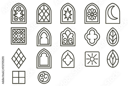 Ornamental Window Cutouts. Decorative Window Cutouts Icons icons in outline style: floral frame window, cutout, starburst shape, moon cutout,