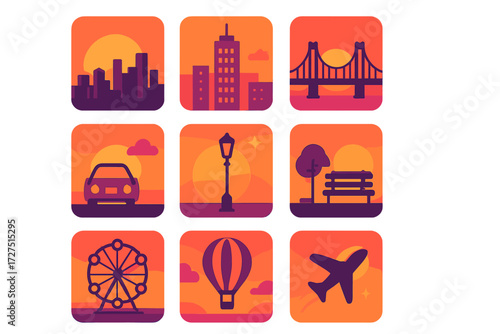 City Sunset Icons. City Sunset icons in modern flat : skyline, skyscraper, bridge, sun, cloud, car, streetlight, park bench, ferris wheel, hot air