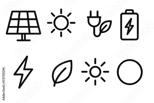 Solar Energy Icons. Solar Energy icons in outline style: solar panel grid, luminous sun, eco plug, battery with lightning, energy spark, green leaf,