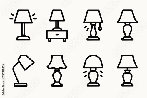 Cozy Bedroom Lamps. Bedroom Lamp icons in outline style: lamp with shade glowing, bedside table lamp, nightstand with glowing light, classic lamp