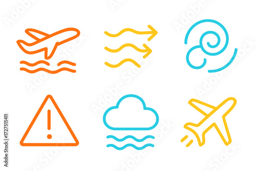 Minimalist Turbulence Icons. Minimal Turbulence Zone icons in modern flat : simple shaking plane outline, clean wave arrows, abstract turbulence icon