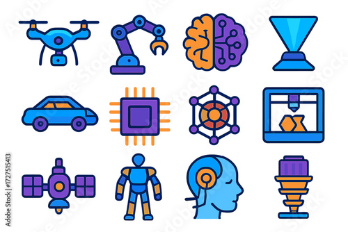 Futuristic Tech Icons. Future Tech icons in modern flat : drone, robot arm, AI brain, hologram, flying car, circuit chip, nanotech sphere, 3D printer
