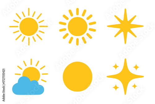 Vibrant Sunbeam Icons. Sunbeam Burst Icons icons in modern flat : radiant sun with beams, glowing rays in circle, starburst light, sun behind clouds