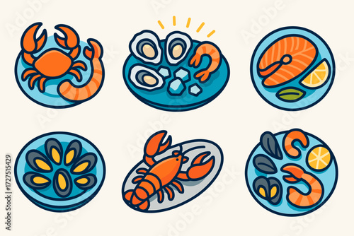 Vibrant Seafood Platter. Seafood Platter icons in modern flat : crab claws with shrimp, oysters on bed of ice, glowing seafood plate, fish fillet