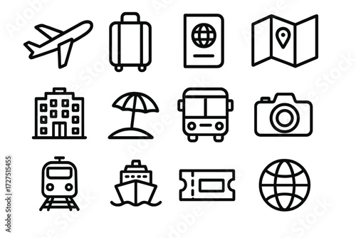 Travel Icons Collection. Travel Deals icons in outline style: airplane, suitcase, passport, map, hotel, beach umbrella, bus, camera, train, cruise