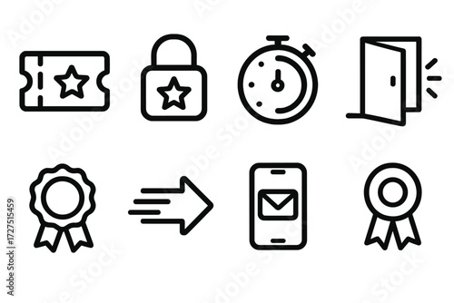 Exclusive Access Icons. Early Access icons in outline style: exclusive ticket, lock with star, countdown timer, glowing door, golden badge, fast