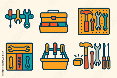 Tool Organization Icons. Tool Organizer icons in modern flat : wall-mounted rack, toolbox with divided sections, open case with organized tools,