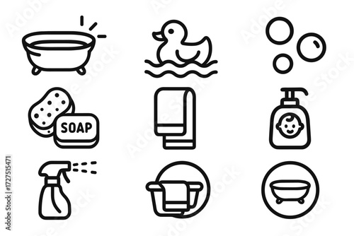 Baby Bath Essentials. Baby Bath icons in outline style: small tub glowing, rubber duck in water, bubbles floating, sponge and soap, towel nearby,
