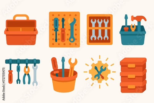 Vibrant Tool Organization. Tool Organizer icons in modern flat : toolbox with compartments, pegboard with hanging tools, drawer organizer with