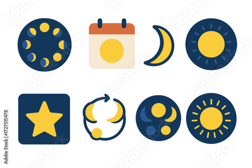Lunar Calendar Icons. Lunar Calendar icons in modern flat : moon phases ring, date sheet, crescent light, full moon glow, night star, lunar cycle