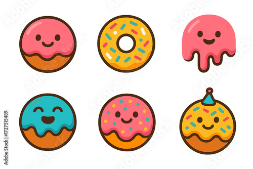 Playful Donut Icons. Playful Donut Glaze icons in modern flat : cartoon donut with smile, colorful sprinkled donut, dripping glaze with face,