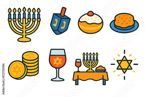 Hanukkah Icons Table. Hanukkah Table icons in modern flat : menorah candles, dreidel icon, filled donut, potato fritter plate, gelt stack, wine glass