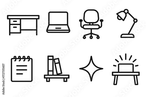Office essentials linear icon set. featuring desk, laptop, chair, lamp, notebook, bookshelf, star, presentation