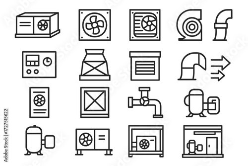 Industrial HVAC Icons. Industrial HVAC Icons icons in outline style: rooftop unit, duct fan, condenser coil, blower motor, control panel, cooling