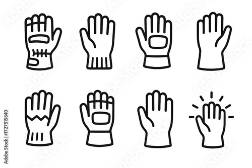 Diverse Work Gloves. Work Gloves icons in outline style: durable gloves, fabric gloves, padded palm gloves, protective rubber gloves, outdoor gloves,