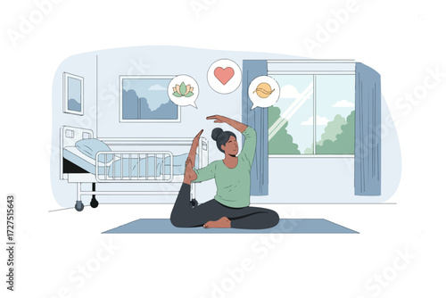 A woman practices yoga in a hospital room, envisioning healthy thoughts and well-being.