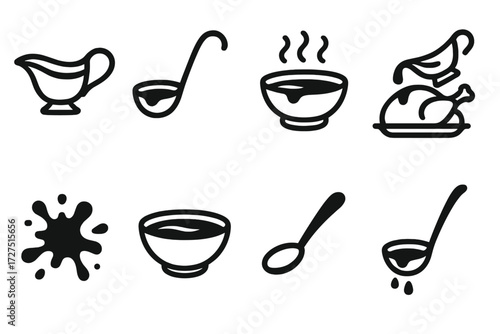 Gravy Icons Collection. Gravy Pour icons in outline style: gravy boat, ladle with gravy, steaming gravy, pouring sauce over turkey, sauce splash,