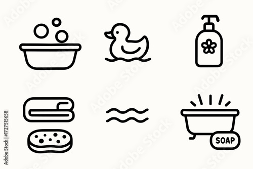 Baby Bath Essentials. Baby Bath icons in outline style: infant bathtub with bubbles, duck toy floating, folded towel, shampoo bottle, sponge icon,