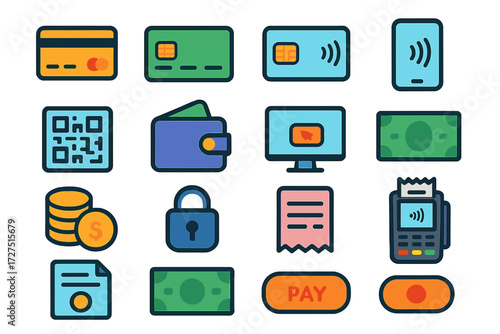 Banking and finance flat icon set. featuring credit card, qr code, wallet, invoice, money, security, and payment symbols.