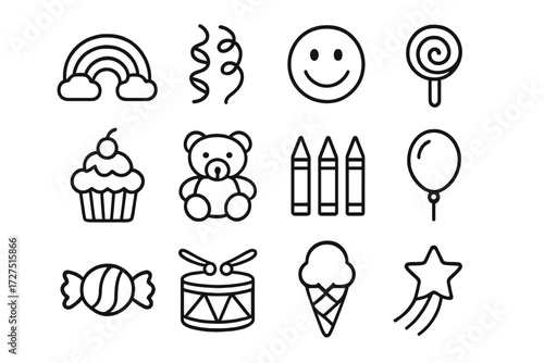 Party Icon Parade. Children’s Party icons in outline style: rainbow streamer, smiley face, lollipop, cupcake, teddy bear, crayons, balloon, candy,