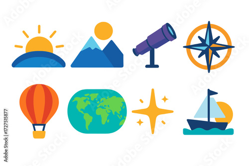 Vibrant Exploration Icons. New Horizons icons in modern flat : dawn light, mountain view, spyglass, compass rose, hot air balloon, world map, shining
