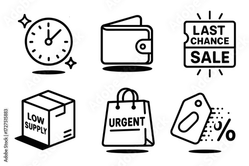 Shopping and time management linear icon set. featuring clock, wallet, sale, supply, bag, tag