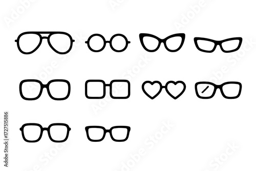 Trendy Sunglasses Icons. Sunglass Shade icons in outline style: aviator shades, circular frame sunglasses, fashion cat-eye, sporty wrap shades, bold