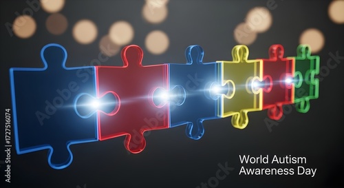Colorful interconnected puzzle pieces shining a light on autism awareness, symbolizing neurodiversity, unity, and support