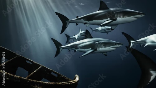 Wallpaper Mural School Of Sharks Swimming Near Sunken Ship Underwater with Dark Blue Background Torontodigital.ca