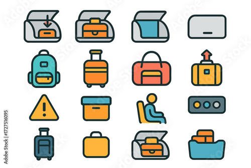 Airplane Storage Icons. Airplane Storage Icons icons in modern flat : airplane overhead bin, suitcase inside, open compartment, closed compartment,