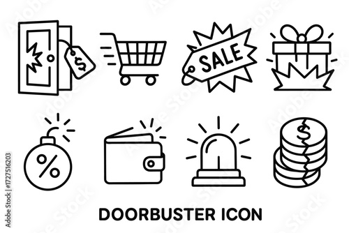 Black Friday Icons. Doorbuster icons in outline style: broken door with price tag, rushing shopping cart, sale tag with explosion, gift box bursting,