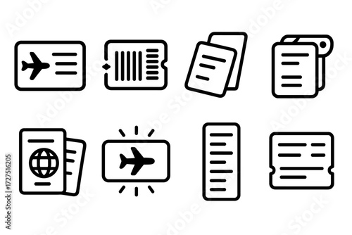 Boarding Pass Icons. Boarding Pass icons in outline style: ticket with airline logo, barcode glowing, folded seat stub, clipped boarding card, travel