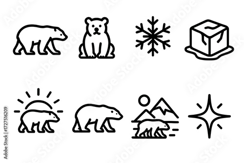 Polar Bear Icons. Polar Bear icons in outline style: bear walking, sitting bear, snowflake icon, icy block, glowing aura, Arctic scene, shining star,