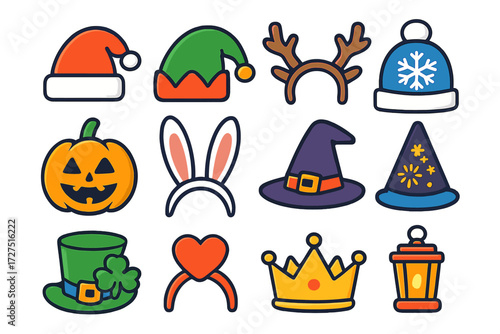 Holiday accessories flat icon set. featuring santa hat, elf hat, reindeer antlers, snowflake beanie, pumpkin