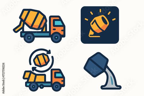 Concrete Mixer Icons. Concrete Mixer icons in modern flat : cement truck with rotating barrel, pouring chute extended, glowing construction icon,