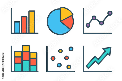 Colorful Chart Icon Set. Data Chart Icons icons in modern flat : bar chart, pie chart, line graph, stacked bars, scatter plot, rising arrow chart.