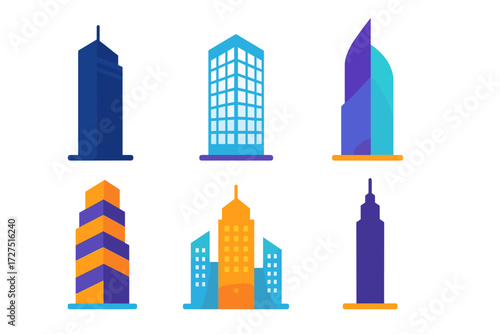 Modern Tower Icons. Modern Tower Icons icons in modern flat : sleek high-rise, glass facade tower, futuristic skyscraper, stacked tower, digital