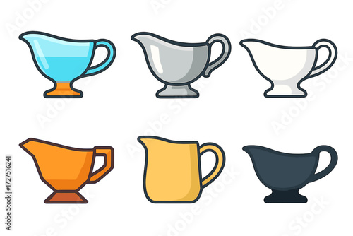 Modern Gravy Boat Designs. Modern Gravy Boat icons in modern flat : sleek glass sauce boat, stainless steel gravy pot, minimalist porcelain boat,